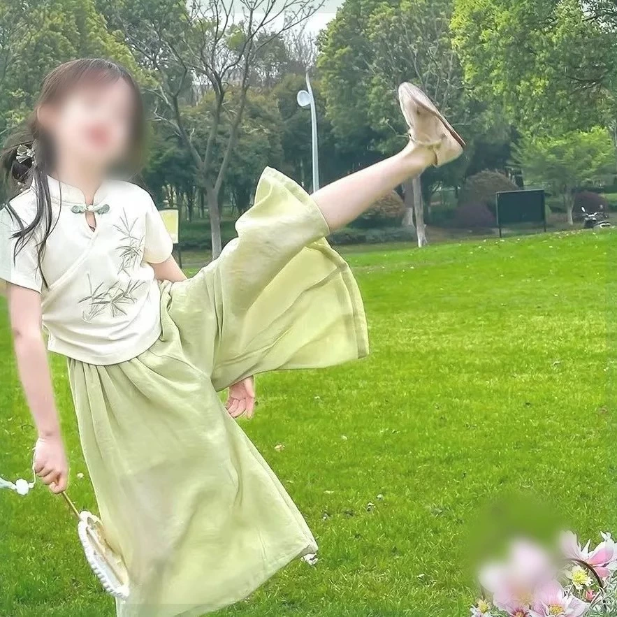 Летний набор для девочек 2024 новый детский китайский стиль супер фея свежий пуговица с короткими рукавами широкие брюки из двух частей