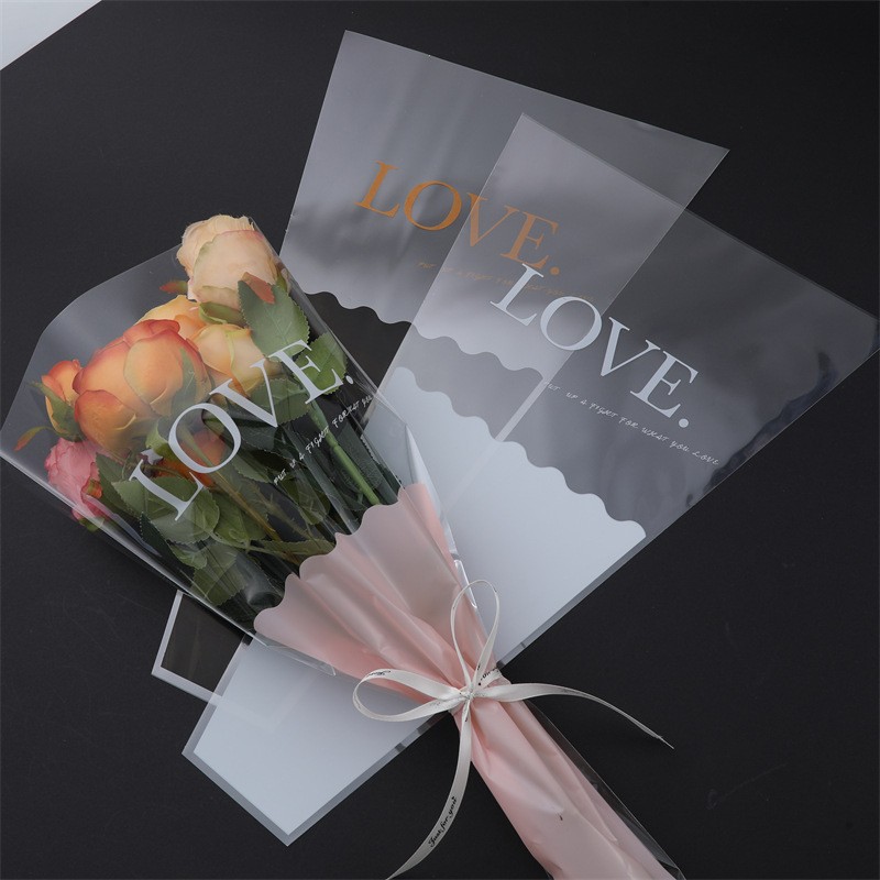 LOVE OPP梯形袋鲜花袋透明单支多支玫瑰花花束包装袋满天星套袋