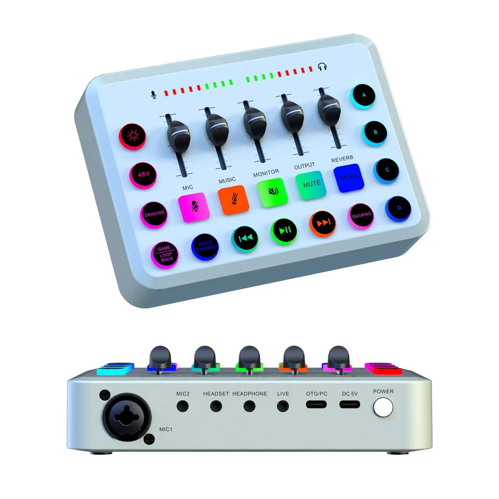 48v炫彩灯声卡UF1英文声卡设备直播全套手机唱歌电脑录音专业声卡