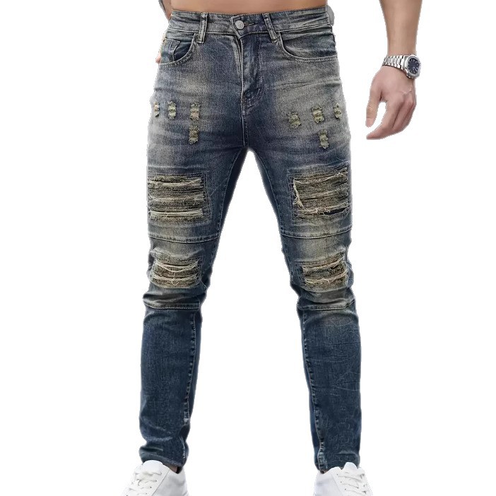 High-End Ripped Jeans Men's Slim-Fitting Pants Summer Thin Light Blue Casual Stretch Korean Style Pants for Men