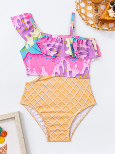 Girl's one-shoulder strap bikini separates set for girls, cute swimming suit for toddlers and infants