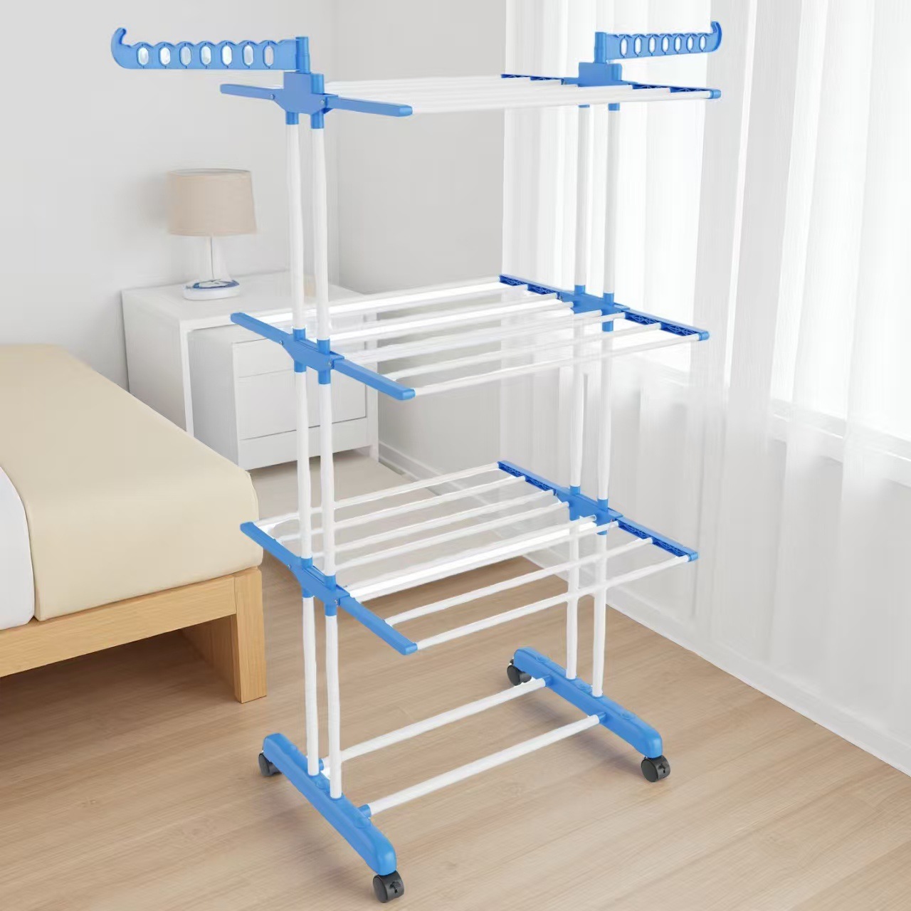 Rack de secado de ropa plegable móvil de piso de tres capas Rack de toallas Rack de acabado Rack de secado de ropa de balcón Rack de almacenamiento de tres capas