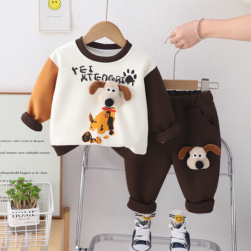Vêtements de printemps pour garçons et filles, dessin animé de chiot 3D, col rond fendu, manches longues, 1 ensemble 2 pièces pour enfants, automne 2024_voghion.com