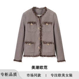 New jacket ZA自制欧美风 冬季新款女装 粗花呢织带斜纹呢子外套