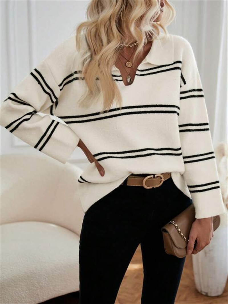 Women's Striped Polo Sweater – V-Neck, Contrast Trim, Long Sleeve (White/Black/Apricot/Red, S-L)_ecoleips.com