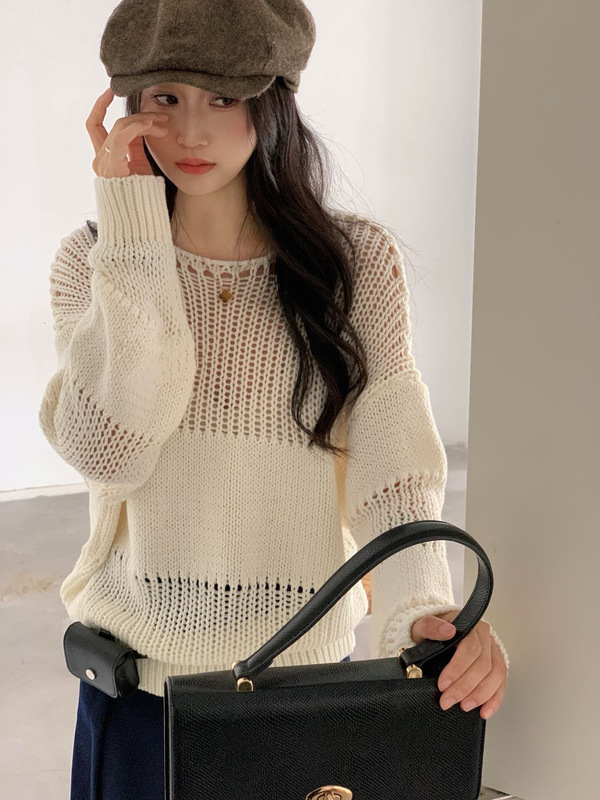 镂空百搭韩系慵懒风独特小众套头毛衣女装春秋针织衫宽松休闲上衣|undefined