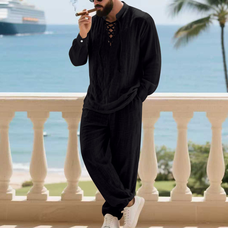 Cross-Border Men's New Long-Sleeve Linen Henley Shirt and Straight-Leg Pants, Casual Versatile Beach Solid Color Fashion Men's Style