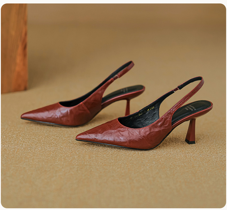 Sandal cao gót nữ mũi nhọn hở gót, da cừu, phong cách Hàn Quốc đơn giản — đen chi tiết 22