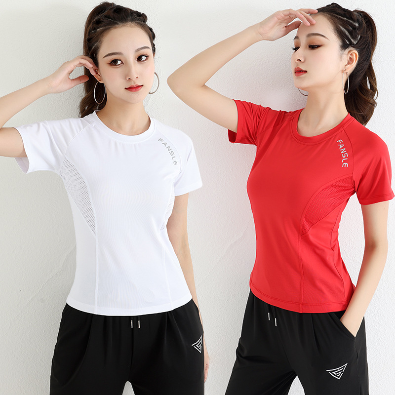 Square dance clothing spring and summer new women's quick-drying round neck slim top running sports fitness dancing casual clothes