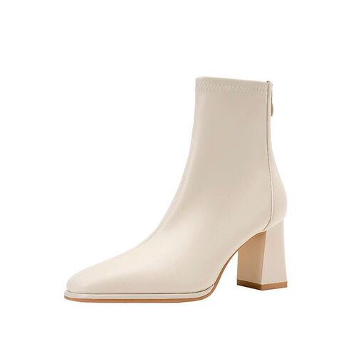 Korean-style college wind high-heeled ankle boots for autumn and winter, white skinny boots, French square-toe chunky heel Martin boots