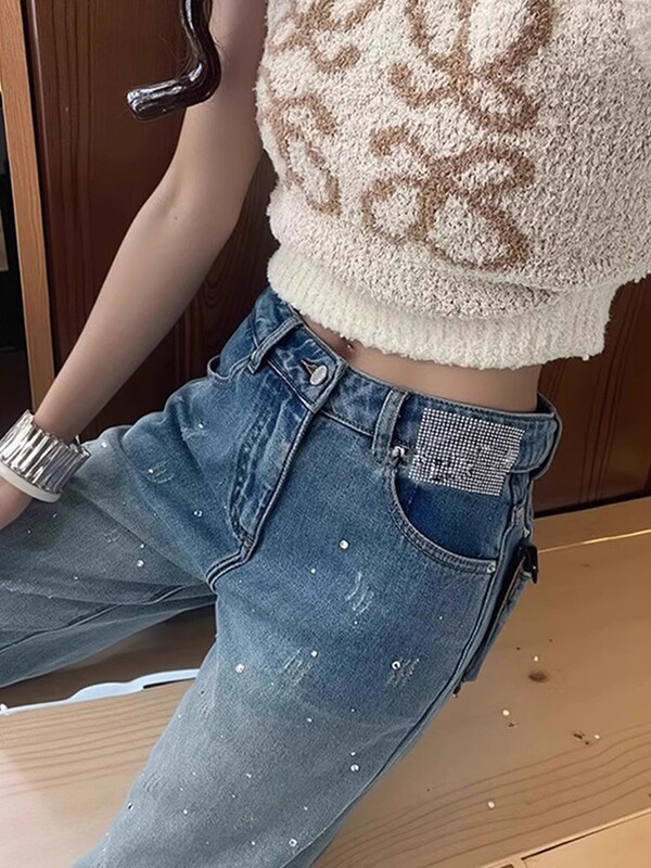 重工烫钻宽松显瘦阔腿直筒裤女秋季新款重工烫钻高级感牛仔裤蓝色|undefined