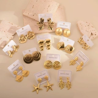 源头饰品 金色金属风耳环套装 海星章鱼几何耳钉 跨境电商热卖款