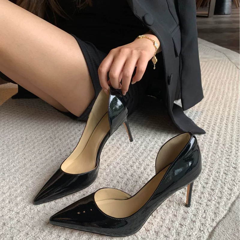 Side hollow genuine leather pointed toe shallow mouth stiletto black sexy women's single shoes all-inclusive sheepskin cushioned high heels versatile in the workplace