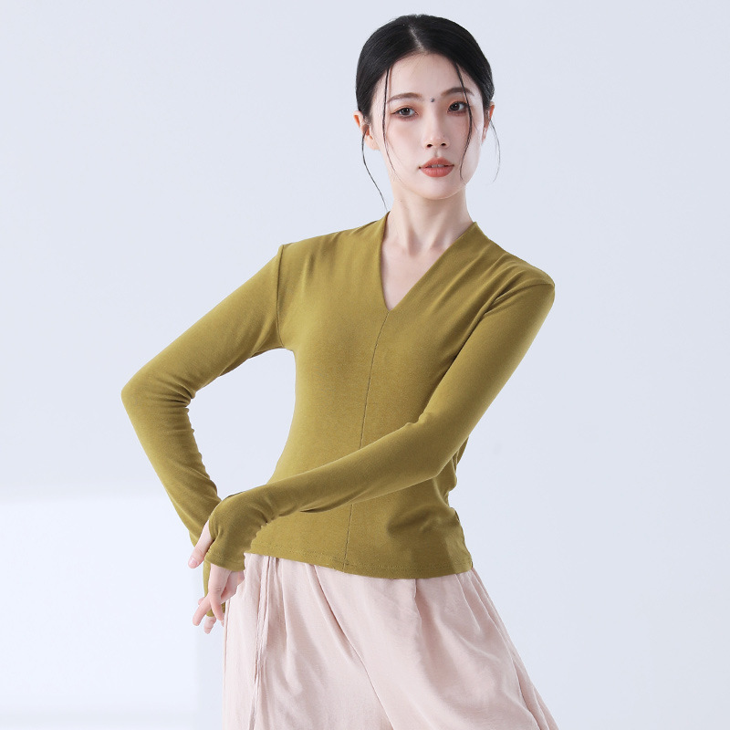 モダンダンス練習着 女性用 新型 Vネック スリムフィット 半袖ニットトップス 中国舞踊 日常体操 ダンスウェア|undefined