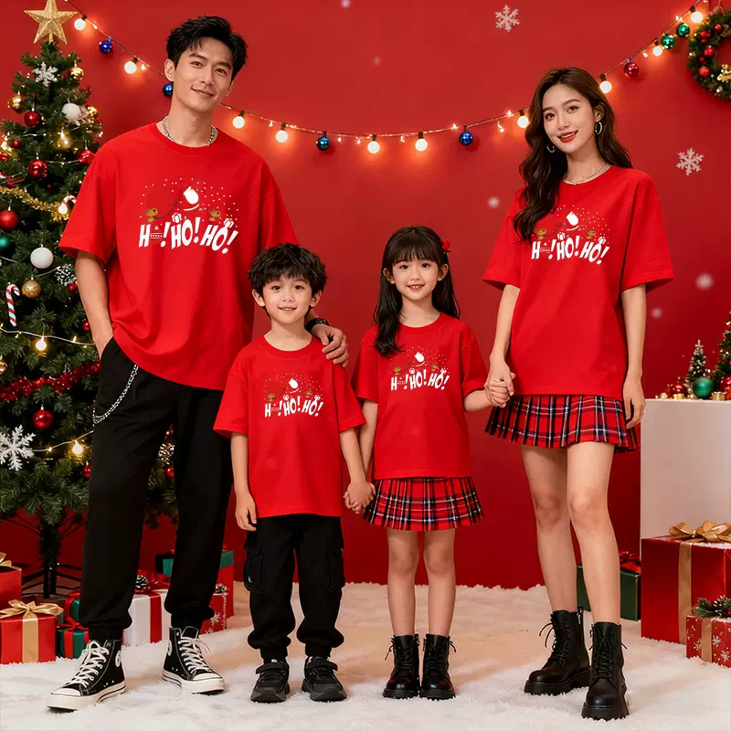 圣诞节主题亲子装短袖T恤一家三口四口家庭装节日氛围感穿搭上衣