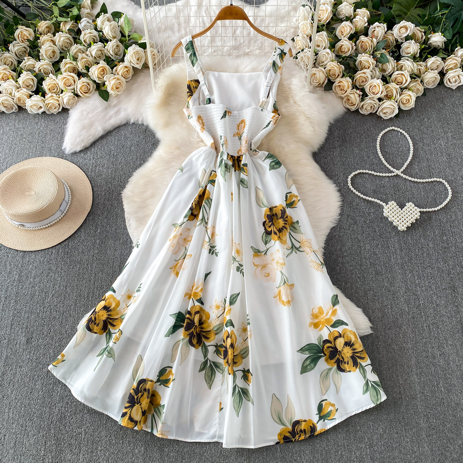 Romantic Floral Print Square Neck Dress European American Style Summer Suspender High Waist Cinching Slimming Full Skirt Women's Clothing_ecoleips.com