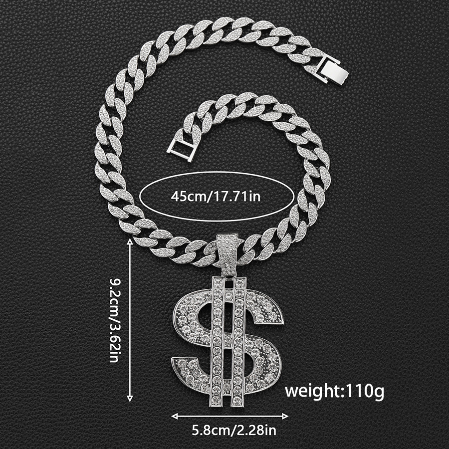 Collar de símbolos de dólar exagerado con diamantes llenos de dólar masculino y femenino moda colgante collar largo collar