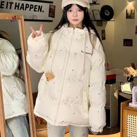 韩系学院风百搭连帽羽绒服彩色波点冬季防寒保暖加厚休闲显瘦外套