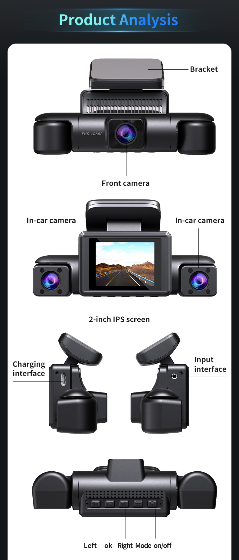 Cross-border 4-channel dash cam with 4 lenses, 1080P HD, night vision, and 360-degree recording °   WiFi Panoramic Recorder