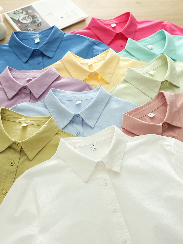 Pure Cotton Long-Sleeved Shirt for Women, Candy-Colored High-Thread-Count Cotton Shirt, Loose Fit, Slimming, Bright Color, Age-Reducing, Simple and Versatile Top