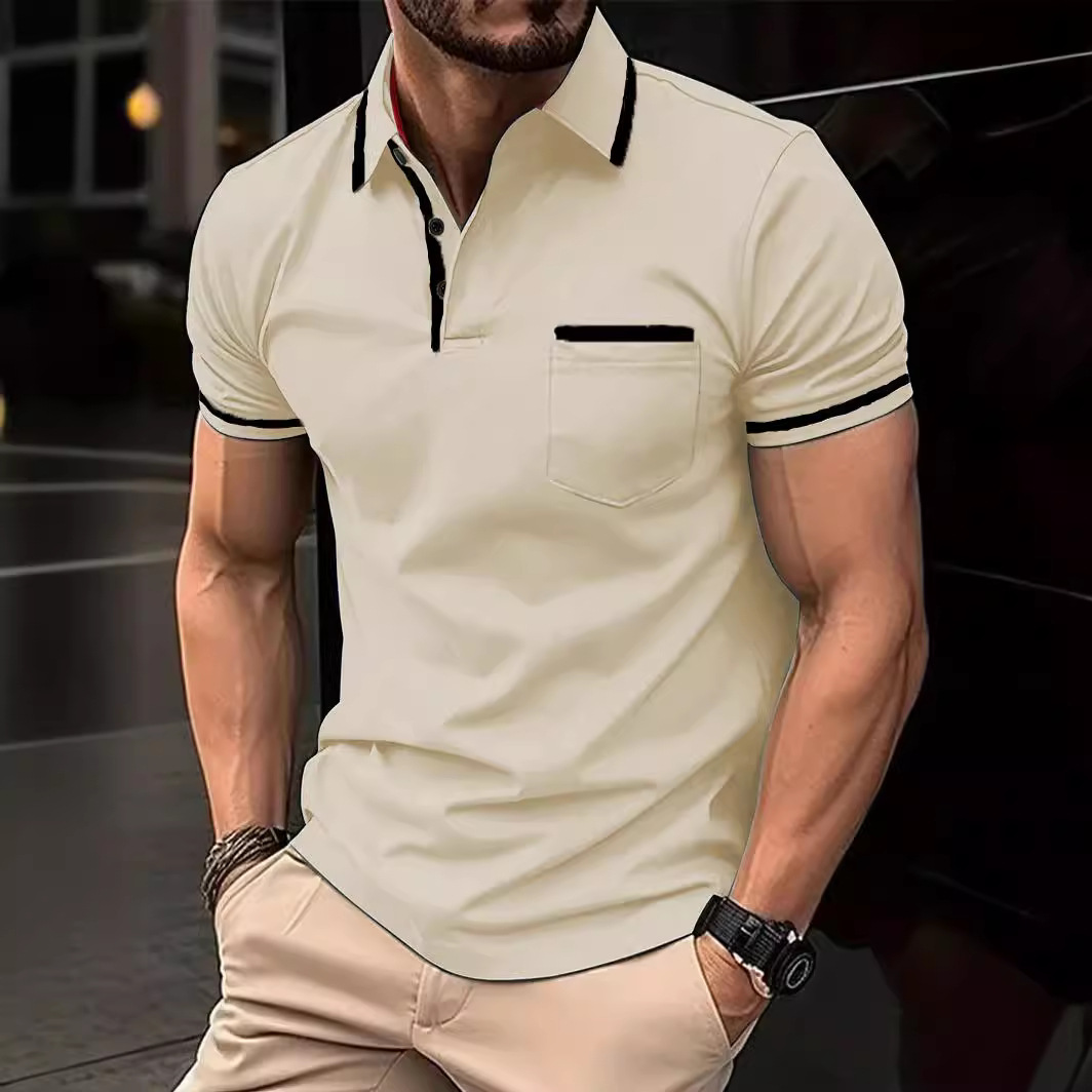 Polo Monochrome Man - Patchwork de poche pour le commerce extérieur, style européen et américain, col rabattu, décontracté au quotidien._voghion.com