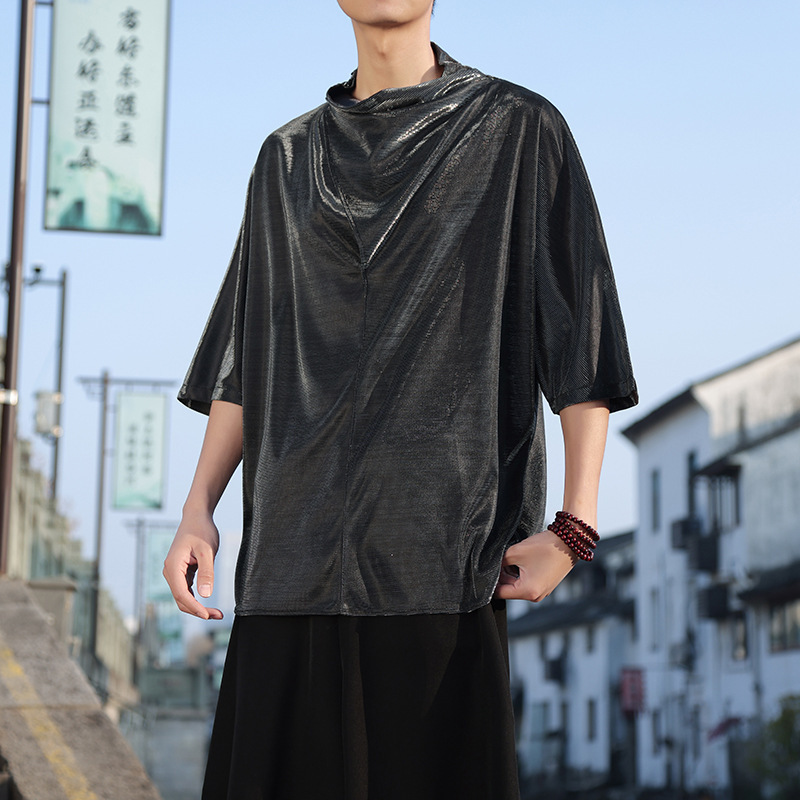 Design Sense E pile collar T-shirt men's mercerized gradient liquid color drape bar performance clothes T25-P65 control 88