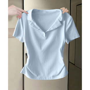 Milk Blue Polo Shirt Short-Sleeved Right Shoulder T-Shirt 2025 New Women's V-Neck Top Niche Slim Waist Half-Sleeved Short Style