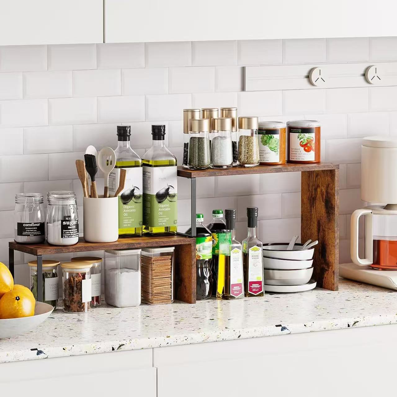 Wooden desktop storage rack iron-wood combined double-layer kitchen countertop spice rack stackable corner toiletries rack