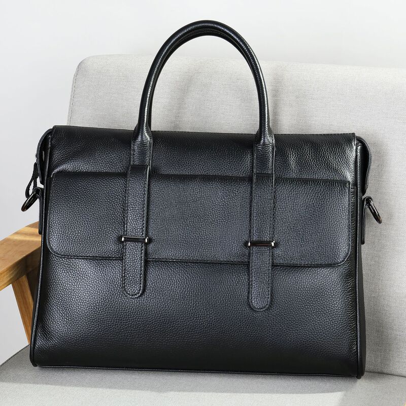 Men's First-Layer Cowhide Business Briefcase, High-End Fashionable Horizontal Handbag, Large-Capacity Laptop Bag, Trendy