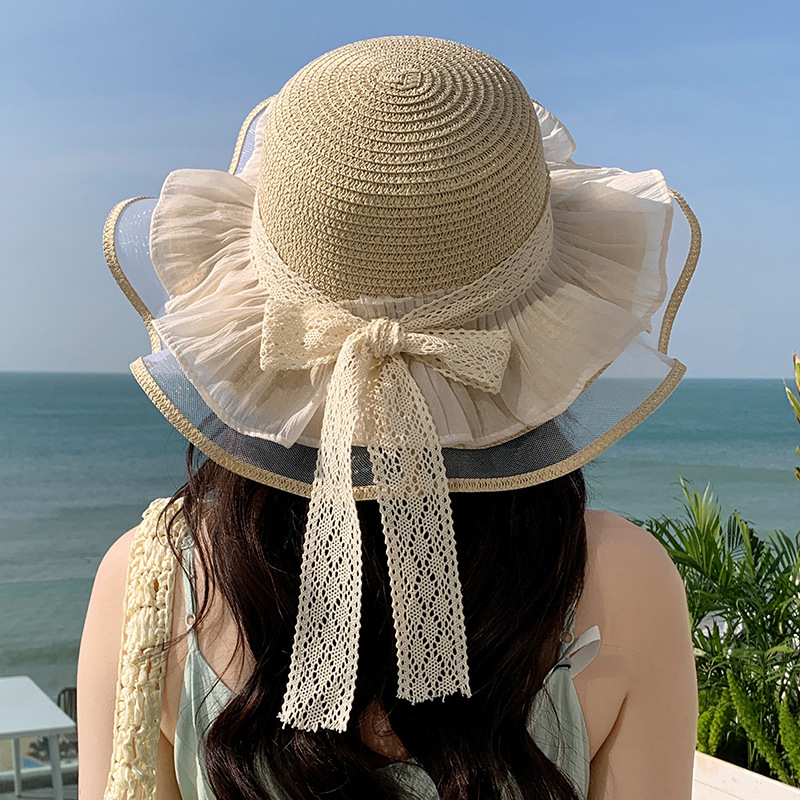 Sombrero de paja con lazo – estilo veraniego, ala ancha, para playa o vacaciones al aire libre