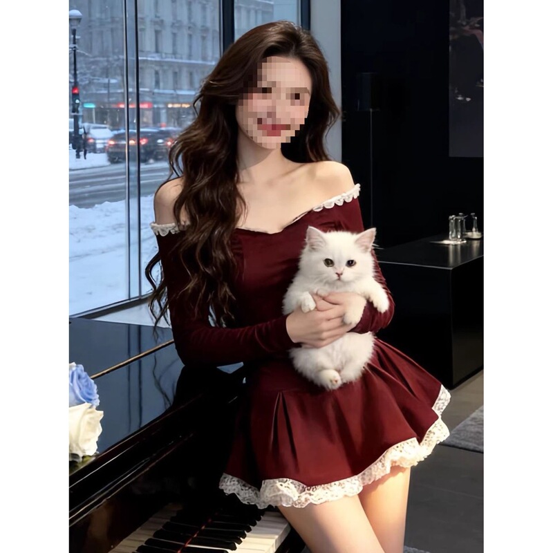 New Year's Festive Red Elegant One-Shoulder Lace Dress Women's 2026 Spring New Style Waist-Cinching Short Dress New Year's Festive Red Elegant One-Shoulder Lace Dress Women's 2026 Spring New Style Waist-Cinching Short Dress