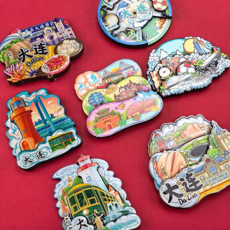 [Dalian Series] Mixed Wholesale Wooden and Metal Tourist Souvenirs, Wooden Resin Magnetic Refrigerator Magnets Wholesale