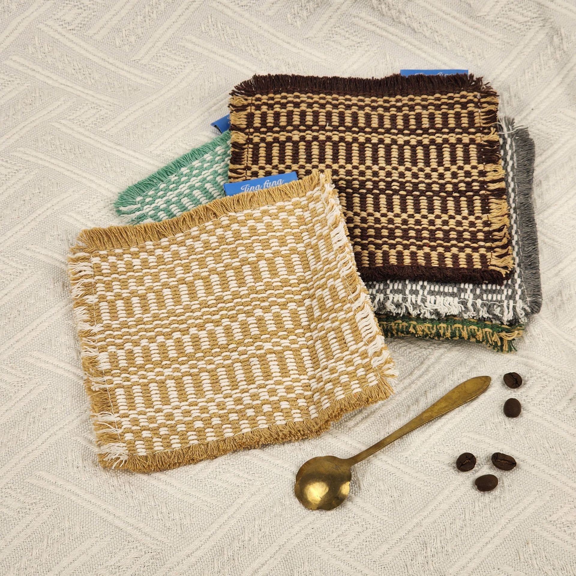 Retro ins estilo trenzado cojín de taza cuadrada tela aislante cojín de mesa de café cojín multipropósito