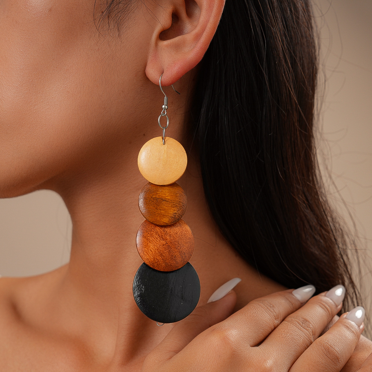 Europa y los Estados Unidos retro cuentas de madera transfronterizas cuentas geométricas ganchos de orejas redondas bohemias personalidad nicho de alta calidad pendientes para mujeres
