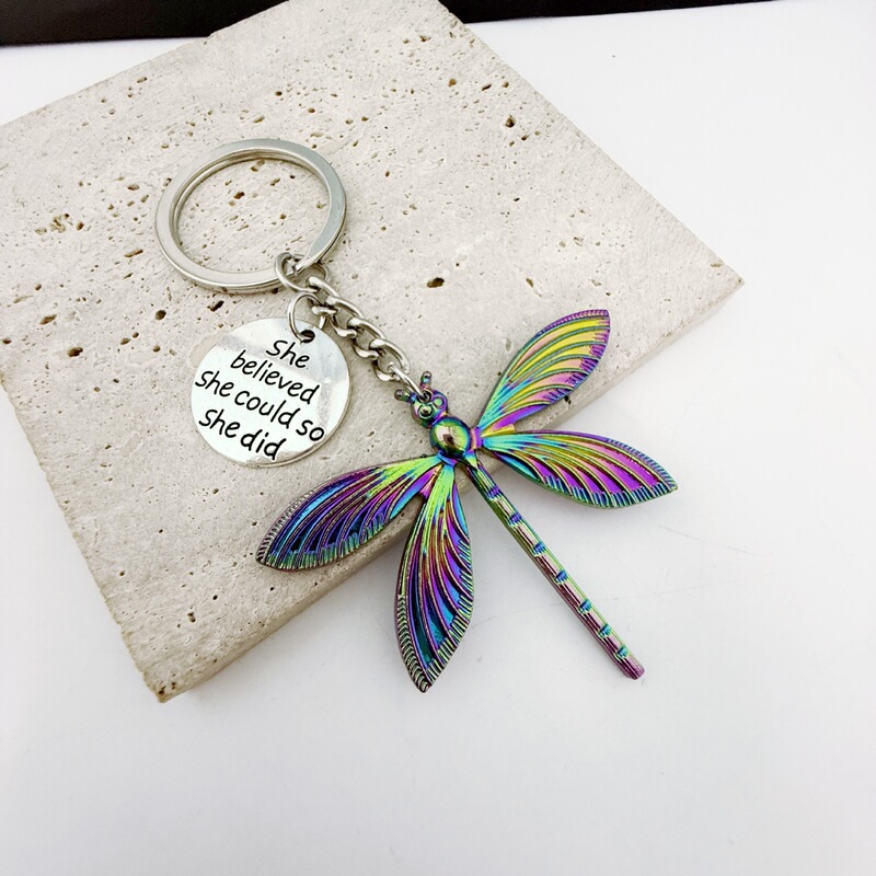Cross-Border Popular Item: Dazzling Colorful Large Dragonfly Keychain, Key Ring, Tempered Pendant, Key Ring Accessory