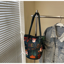 韩版原创可爱小狗印花通勤包休闲水桶包斜挎帆布包大学生通勤包女