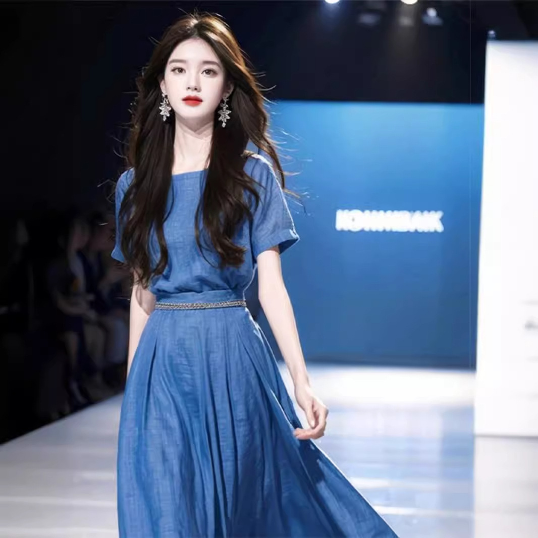 Đầm maxi nữ thắt eo màu xanh thanh lịch mùa hè — Màu xanh lam