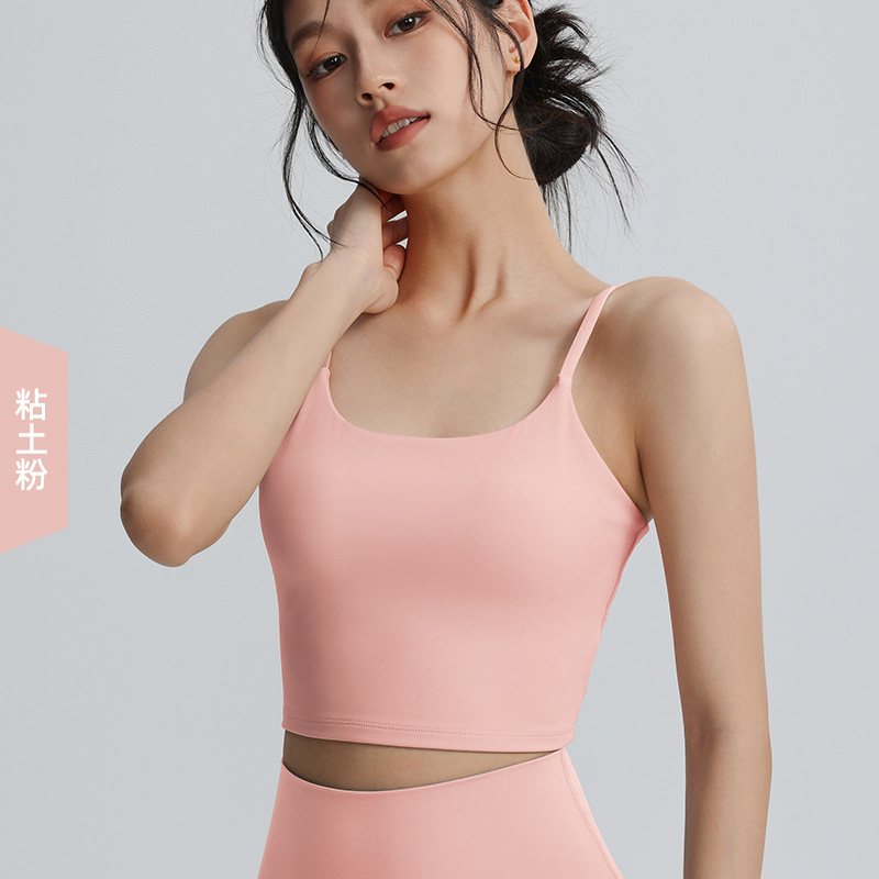 胸パッド付きクロスバックスポーツブラ、スパゲッティストラップヨガトップ、耐衝撃プッシュアップランニングトレーニング速乾ブラ|undefined