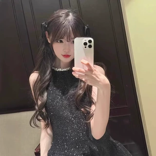 法式小香风黑色背心挂脖连衣裙女夏小个子气质收腰显瘦生日蛋糕裙