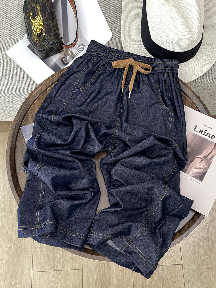 Quần jean nữ ống rộng cạp cao vải denim mỏng nhẹ dáng suông — Đen - Loại thông thường