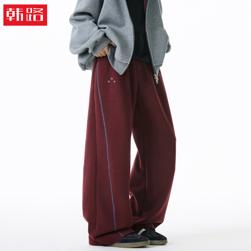 380g Heavyweight Textured Casual Pants with Visible Stitching, Autumn Style Straight Loose Sweatpants, Trendy Brand Sports Long Pants 380g Heavyweight Textured Casual Pants with Visible Stitching, Autumn Style Straight Loose Sweatpants, Trendy Brand Sports Long Pants