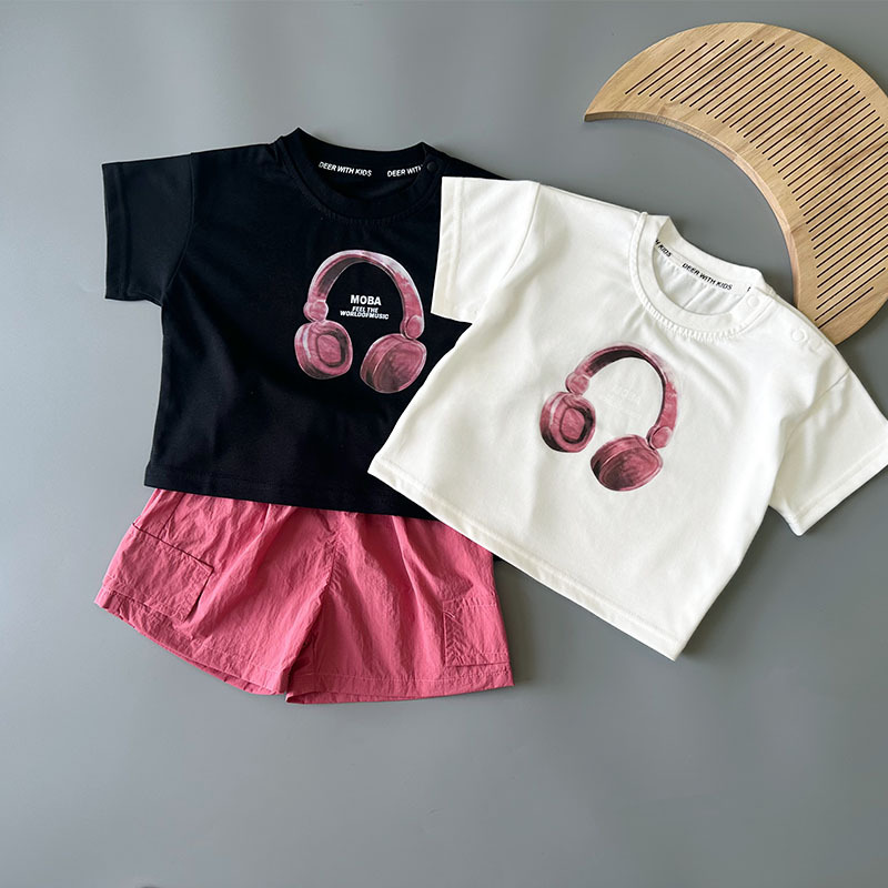 Men's and Women's Short-Sleeved Pure Cotton Summer New Kidsren's Clothing Versatile Printed Headphones Baby Casual Outer Wear T-Shirt Tops T-Shirt