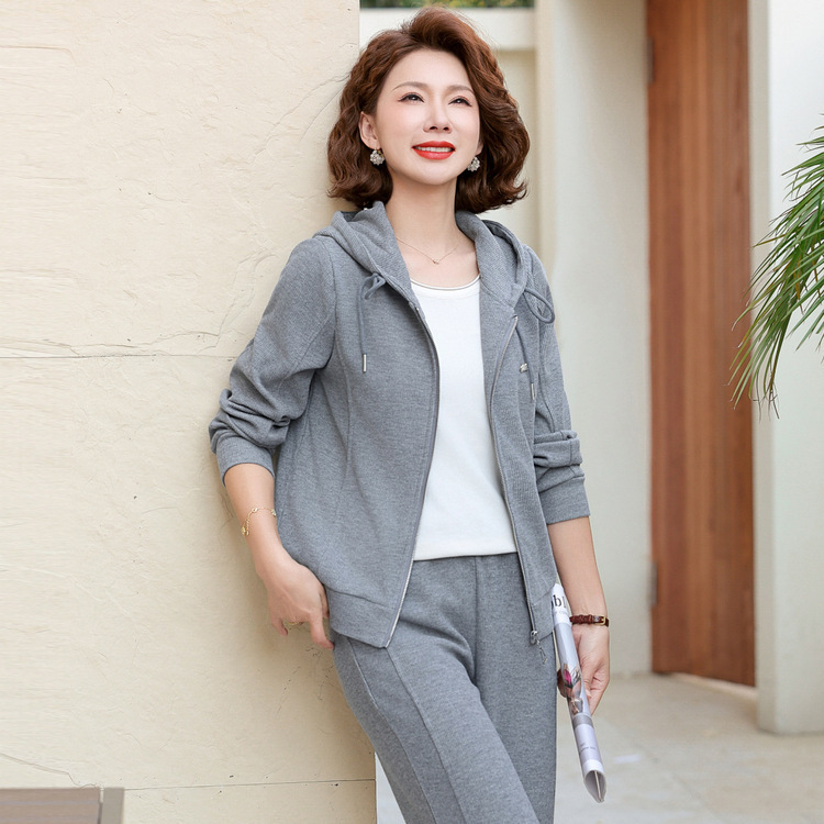 中老年妈妈春装时尚套装中老年女装春秋休闲连帽外套运动服两件套|undefined
