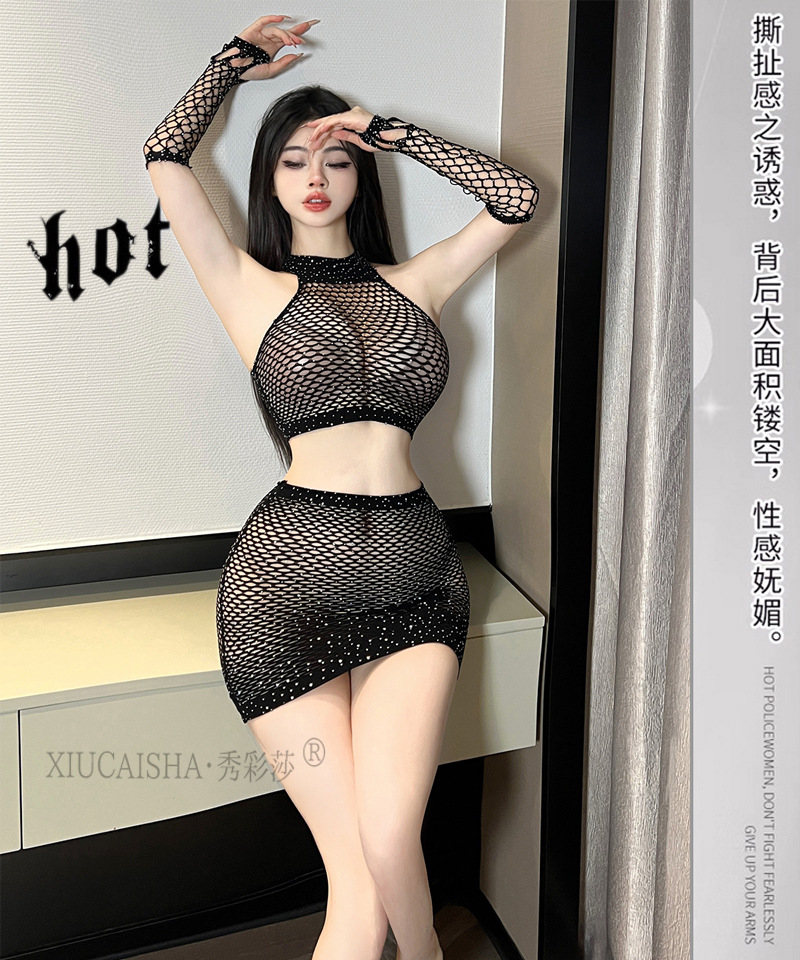 Fishnet Cut-Out Lingerie Set with Rhinestone Detail and Stockings — detail image 12