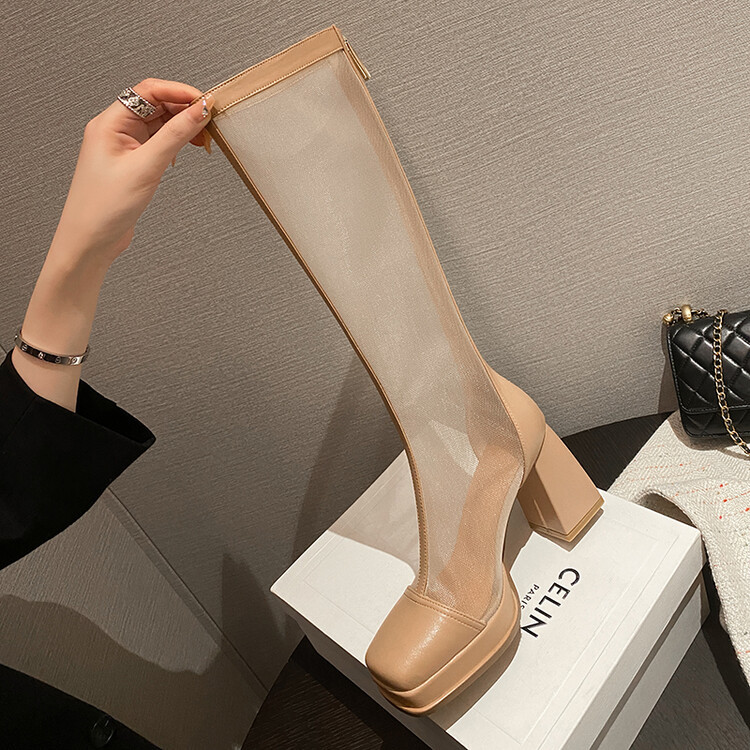 Boot nữ mũi vuông da bò lưới thoáng khí gót dày có khóa kéo sau đế chống nước — đen, mơ chi tiết 11