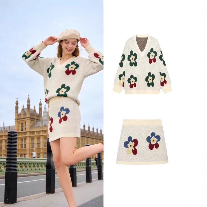 Z Brand Foreign Trade Cross-Border Ready Stock European and American Style Women's Clothing 2026 Spring New Floral Jacquard Knit Set