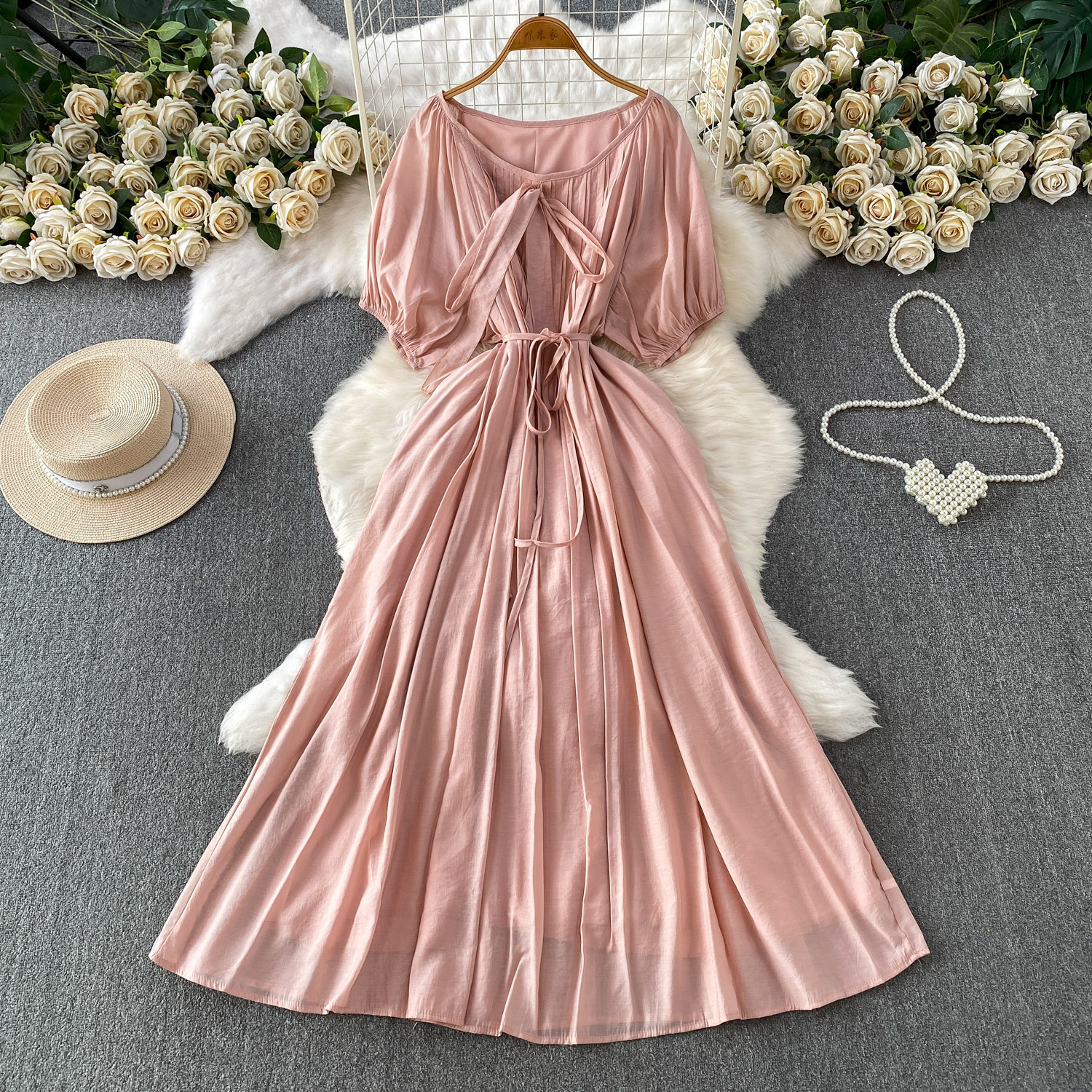 Women's French Style Tie Neck Puff Sleeve Dress Gentle Elegant Summer Casual Long Dress Simple Commuting Style_ecoleips.com