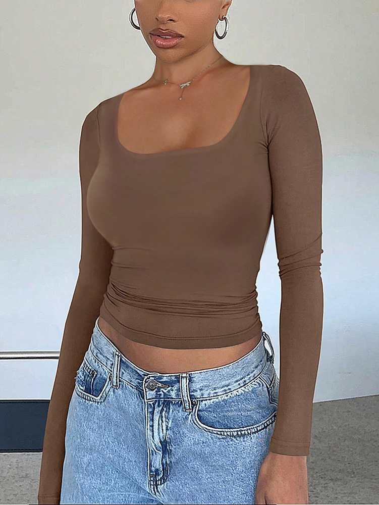 Cross-border Hot-selling Items In Stock: Autumn And Winter Women's Tops, Y2K Sexy U-neck BM Solid Color_ecoleips.com