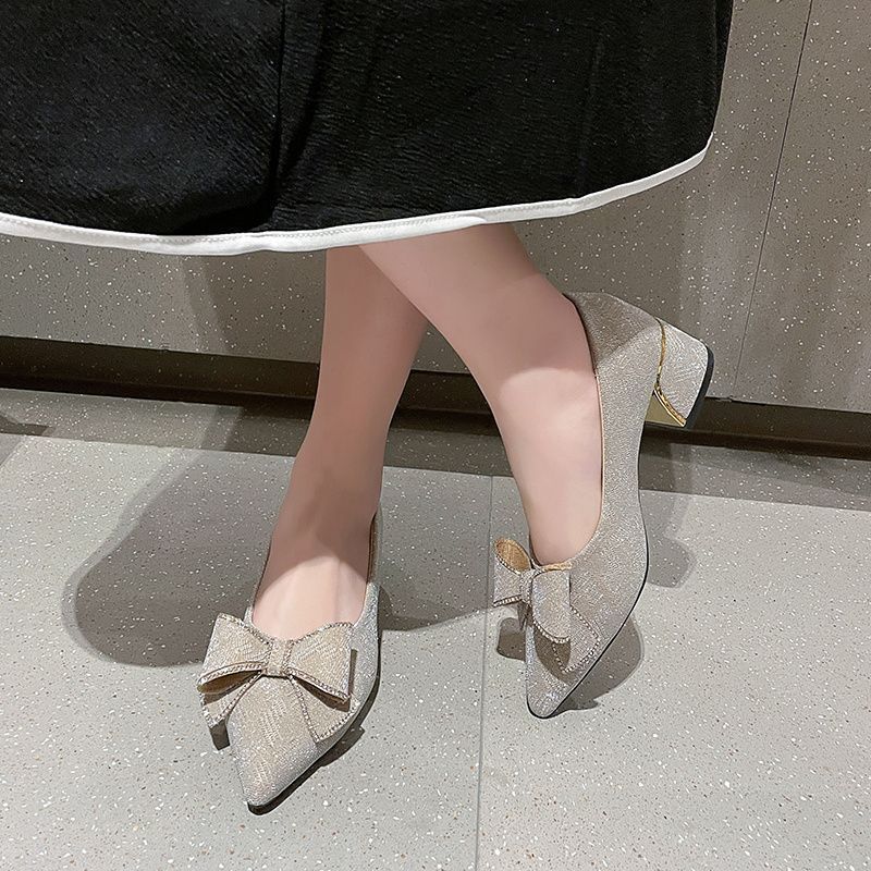 Sizes 32-43, Large Size Shoes, Size 41 Elegant Bowknot Chunky High Heels, Size 42 French-Style Mid-Heel Evening Shoes, Pointed-Toe Single Shoes