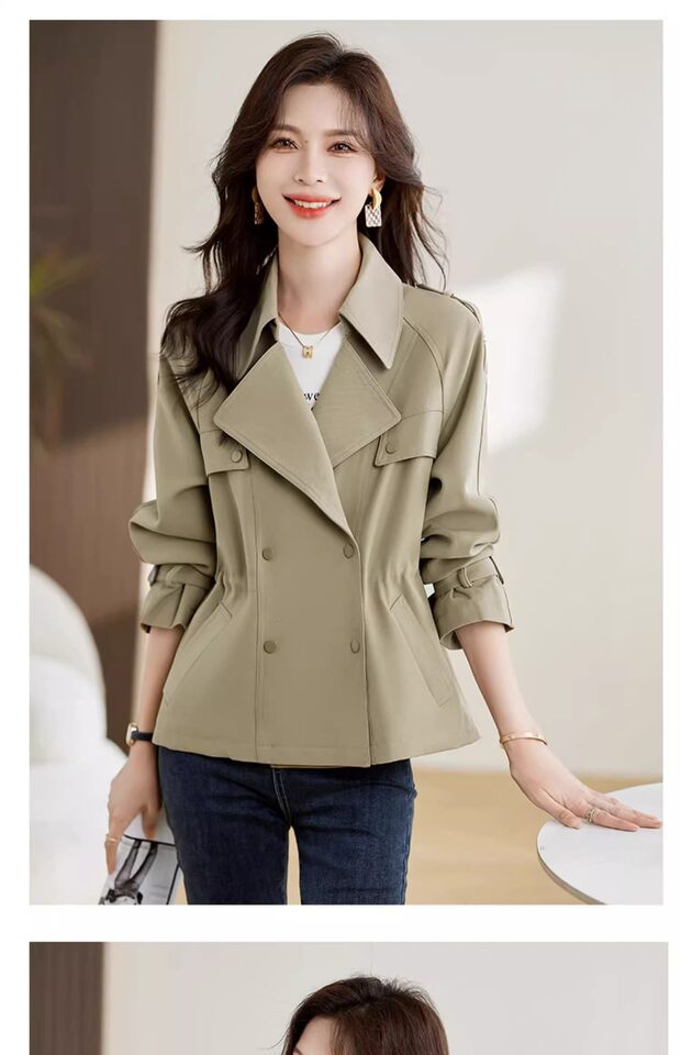 Áo khoác gió kaki nữ dáng ngắn có dây rút, dài tay, cổ lật — Khaki (có sẵn), Đen (Còn hàng) chi tiết 23